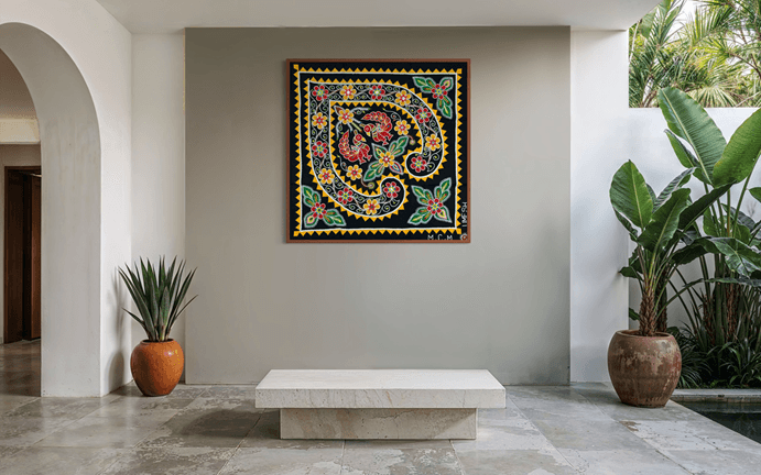 Black Paisley Chandua appliqué wall hanging